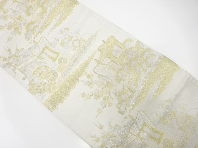 JAPANESE KIMONO / ANTIQUE FUKURO OBI / WOVEN CARRIAGE & FLOWER